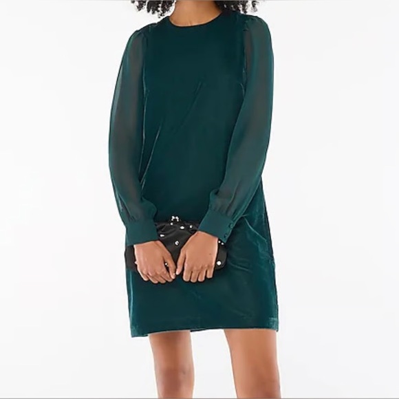 J.Crew Velvet Shift Sheath Dress + Chiffon Sleeves Teal BlueGreen Size 14  NWT
